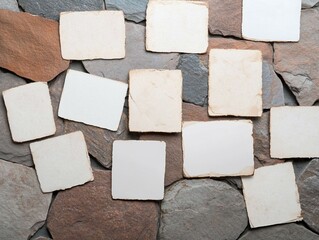 Blank aged photos scattered on stone background.