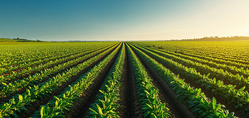 Lush green field of crops under a clear blue sky, showcasing agricultural beauty.