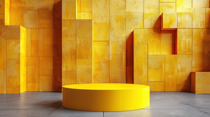 Bright yellow abstract backdrop with a circular platform.