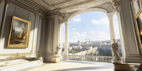 Fototapeta premium A grand interior with classical architecture and a scenic view of a city.