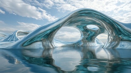 Abstract metallic sculpture with a reflective surface resembling waves, creating an otherworldly landscape.