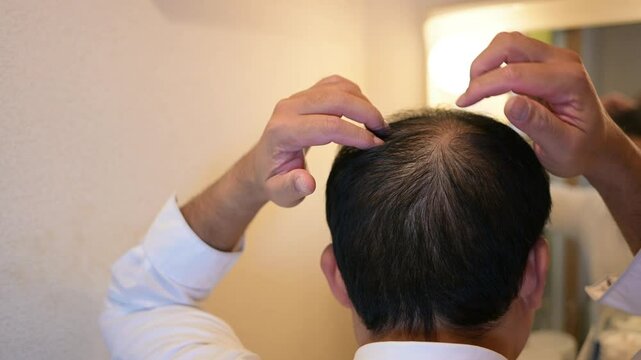 Man checks thinning hair in front of a bathroom mirror