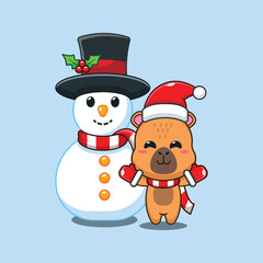 Cute capybara playing with Snowman. Cartoon vector illustration in Christmas day.