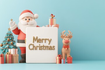 3D Santa Claus Wishing a Merry Christmas with Cartoon Reindeer, Gift Boxes and Xmas Tree Illustration, Used for Banner.