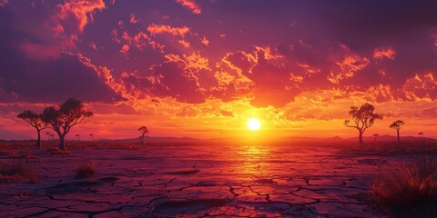 Vibrant African Savanna Sunset Dramatic Sky Cracked Earth Baobab Trees