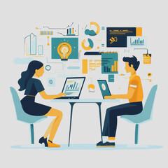 Fototapeta premium Two colleagues collaborating on a project with digital data visualizations and analytics tools in a modern office environment