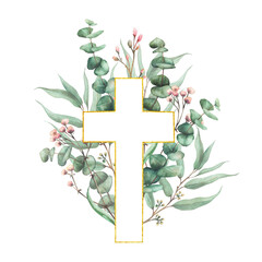 Gold framed cross with Eucalyptus plant green branches and small pink flowers, buds twig. Christian Religion. Watercolor hand drawn illustration for Baptism, Easter card. Isolated from background  © Bartol_art