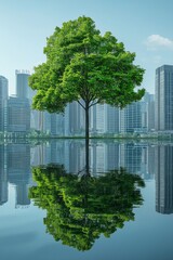 Fototapeta premium An isolated green tree on calm water, with city buildings in the background, symbolizing sustainable and eco-friendly urban development. 