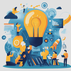 Creative Team Collaboration and Innovation Concept Illustrating Diverse People Engaging with Light Bulb, Technology, and Ideas in Modern Work Environment