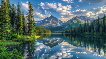 A serene mountain lake surrounded by evergreen trees, with the reflection of the sky and peaks on the water