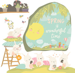 Cute rabbits awaking in hole. Hello spring. Vector illustration