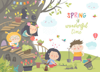 Cute cartoon kids are gardening in spring park. Vector illustration