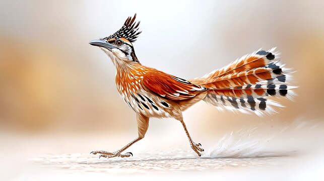 The illustration of a roadrunner depicts a sleek and fast running bird with long legs and a distinctive crest on its head, captured in motion with its tail feathers trailing behind