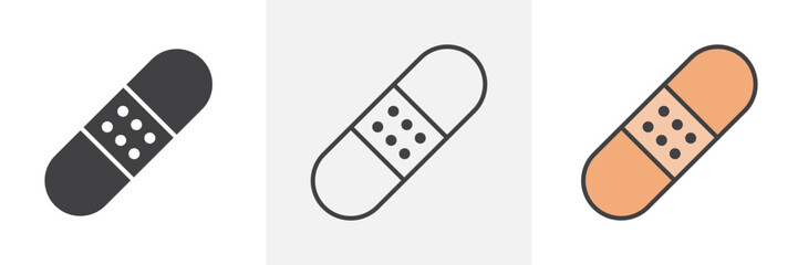 Band aid icon collection in black and colored style.
