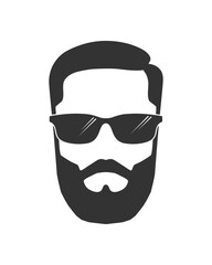 Bearded man head graphic icon. Man with beard and sunglasses isolated sign on white background. Vector illustration