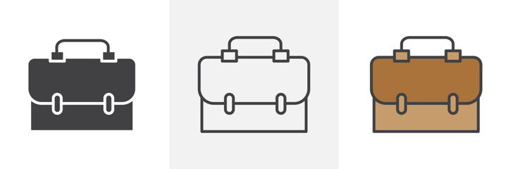 Briefcase icon collection in black and colored style.