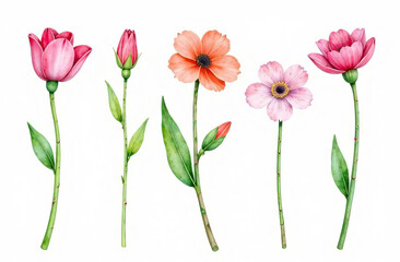 Fototapeta premium Set of different buds of different flowers without stems, only heads on a white background