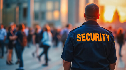 Security Officer Crowd Control Urban Setting, A security officer in a blue uniform stands amidst a bustling crowd, "SECURITY" clearly visible on their back.