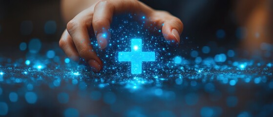  hand reaching for a glowing blue medical cross amidst sparkling particles.