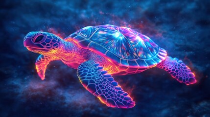 Fototapeta premium A vibrant, neon sea turtle with glowing shell against a blue and purple galaxy-like backdrop.
