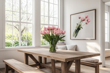 Fototapeta premium Bright airy dining room large windows natural light white walls wooden rustic dining table