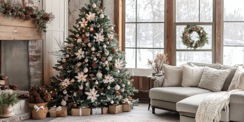 Naklejka premium Festive winter living room with a beautifully decorated Christmas tree and cozy seating arrangement
