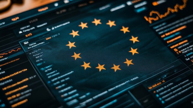 EU Flag on Digital Screen, Stock Market Finance Economy Trend Graph and Infographics Data