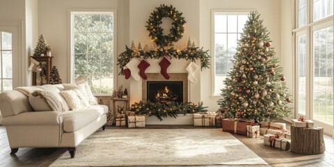 Cozy living room decorated for the holiday season with a stunning tree and festive stockings