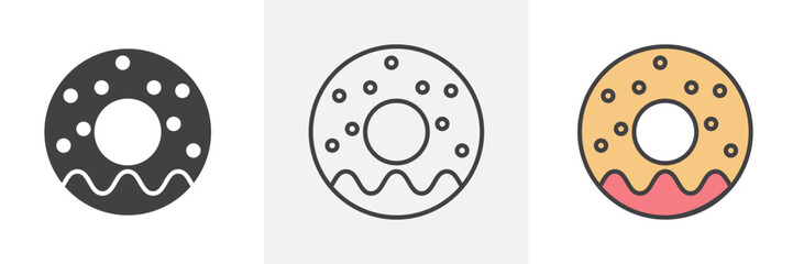 Donut icon collection in black and colored style.