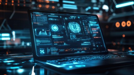 Obraz premium Futuristic laptop displaying holographic data interface.