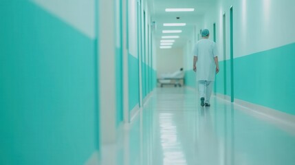 Obraz premium Doctor Walking in Modern Hospital Corridor with Green Walls and Bright Light