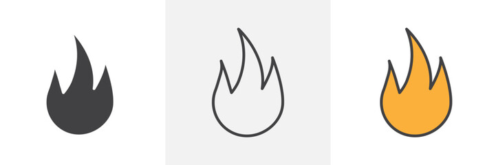 Fire icon collection in black and colored style.