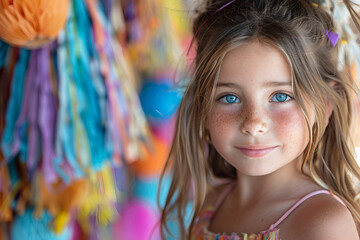Fototapeta premium Generative AI Image of a Smiling Child in Colorful Traditional Costume at a Festive Holiday Celebration