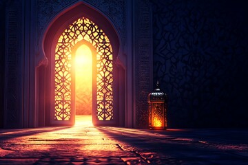 An Islamic background for Ramadan with an open door leading to the mosque, decorated in light and shadows, creating a warm atmosphere. The lantern hanging from above casts a glow on its surroundings, 