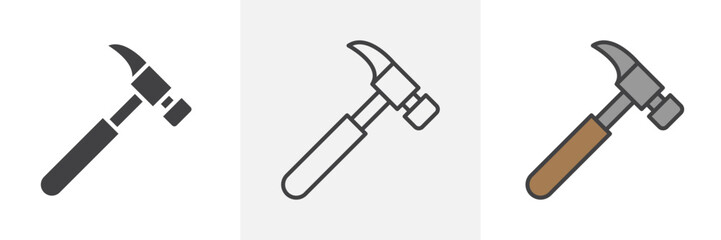 Hammer icon collection in black and colored style.