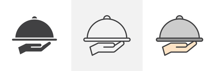 Hand holding tray icon collection in black and colored style.