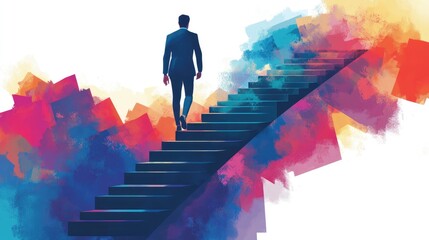Businessman climbing stairs towards goal, business progress, abstract modern illustration, isolated on white background