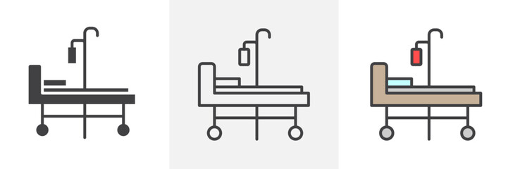 Hospital bed icon collection in black and colored style.