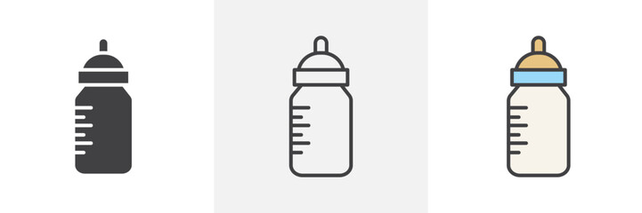 Milk bottle icon collection in black and colored style.