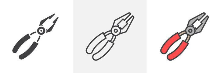 Pliers icon collection in black and colored style.