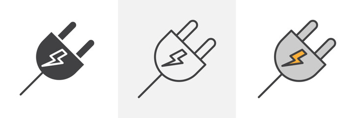 Plug icon collection in black and colored style.