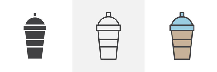 Protein shake icon collection in black and colored style.
