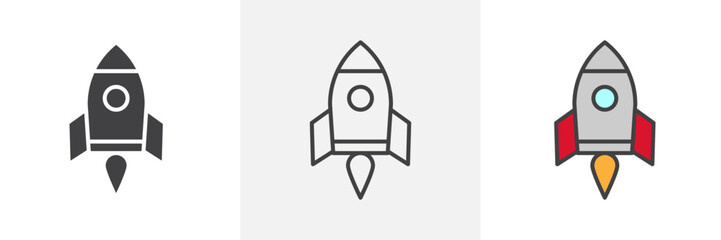 Rocket icon collection in black and colored style.