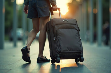 Woman roll luggage suitcase on wheels airport, departure on trip. AI Generative