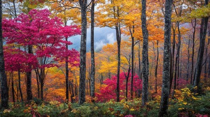 Fototapeta premium A vibrant autumn forest with a mix of red, yellow, and orange leaves, with a misty background.