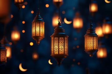 Fototapeta premium Beautifully Crafted Lanterns Glowing in the Night Sky, Creating a Magical Atmosphere Filled with Warmth, Light, and Enchantment for Celebrations and Events