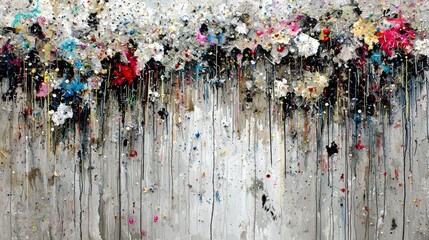 Vibrant Abstract Art with Dripping Paint and Colorful Floral Elements in Contemporary Style