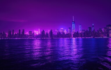 Fototapeta premium A city skyline at night, illuminated by vibrant purple lights on the buildings