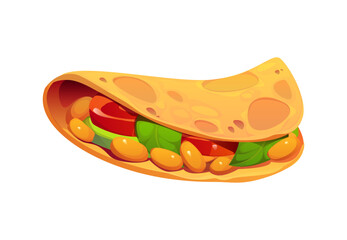Cartoon taco filled with beans, lettuce, and tomatoes, representing the rich flavors of traditional Mexican cuisine. Isolated vector tex mex fast food meal with fresh ingredients, culinary of Mexico
