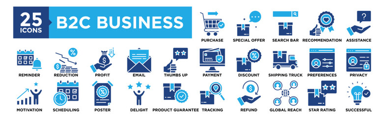 B2C Business icon collection set. Containing design Purchase, Special Offer, Search Bar, Recommendation, Assistance	